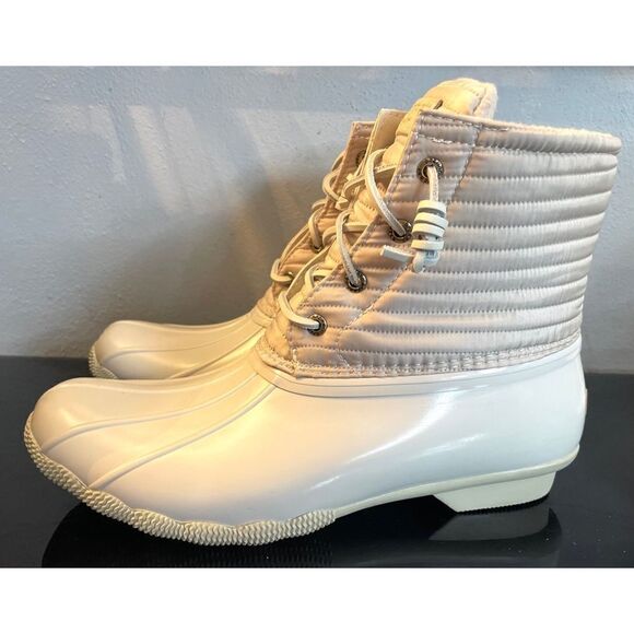 New Sperry Top Sider Saltwater  Ivory Chevron Quilted Shaft Nylon Duck Boots 10 - Picture 10 of 11